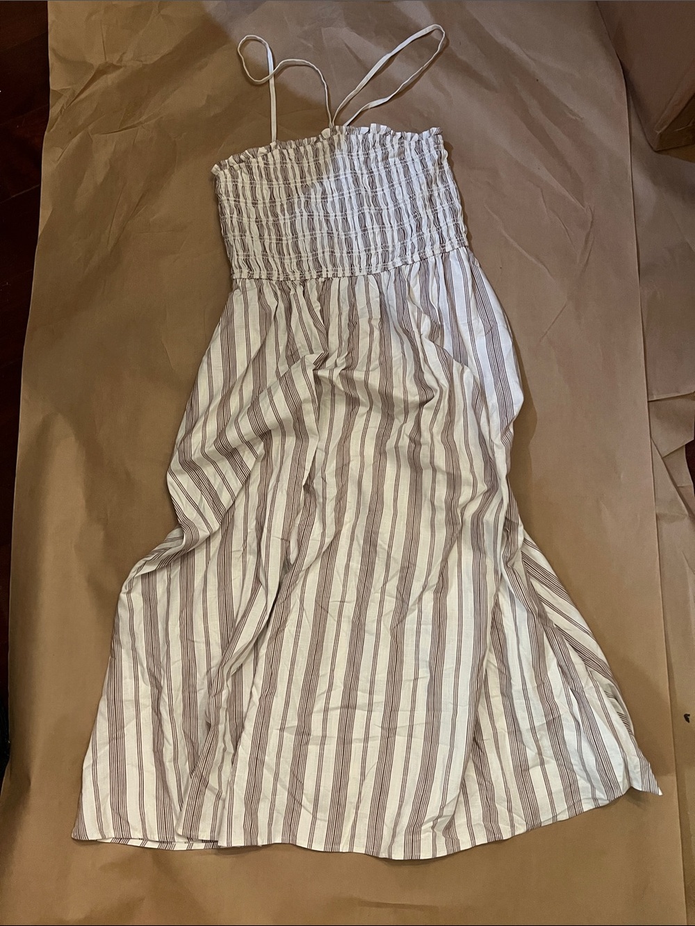 a new day Striped Smocked Maxi Dress in Cream and Taupe